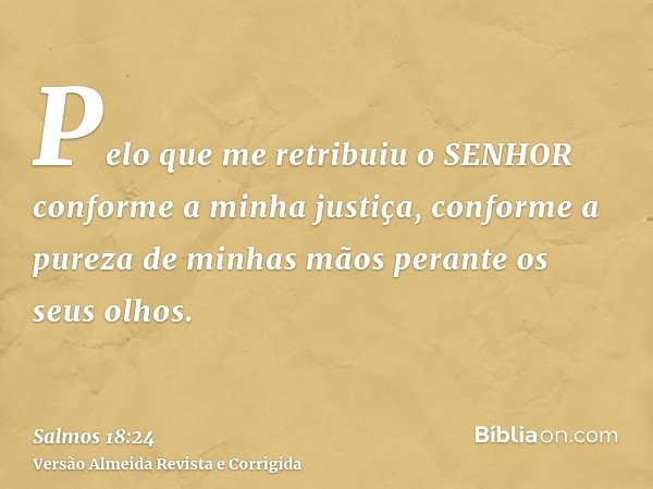 Pelo que me retribuiu o SENHOR conforme a minha justiça, conforme a pureza de minhas mãos perante os seus olhos.