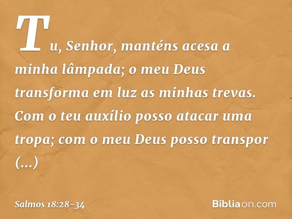 Tu, Senhor, manténs acesa a minha lâmpada;
o meu Deus transforma em luz as minhas trevas. Com o teu auxílio posso atacar uma tropa;
com o meu Deus posso transpo