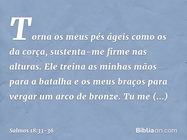 Torna os meus pés ágeis como os da corça,
sustenta-me firme nas alturas. Ele treina as minhas mãos para a batalha
e os meus braços
para vergar um arco de bronze