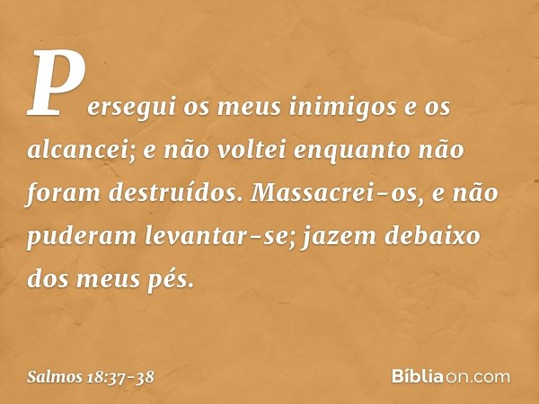 Persegui os meus inimigos e os alcancei;
e não voltei enquanto não foram destruídos. Massacrei-os, e não puderam levantar-se;
jazem debaixo dos meus pés. -- Sal