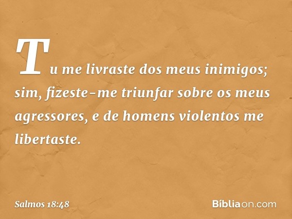 Tu me livraste dos meus inimigos;
sim, fizeste-me triunfar
sobre os meus agressores,
e de homens violentos me libertaste. -- Salmo 18:48