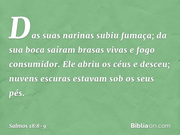 Das suas narinas subiu fumaça;
da sua boca saíram brasas vivas
e fogo consumidor. Ele abriu os céus e desceu;
nuvens escuras estavam sob os seus pés. -- Salmo 1