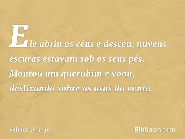 Ele abriu os céus e desceu;
nuvens escuras estavam sob os seus pés. Montou um querubim e voou,
deslizando sobre as asas do vento. -- Salmo 18:9-10