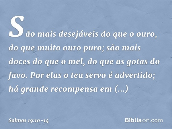 São mais desejáveis do que o ouro,
do que muito ouro puro;
são mais doces do que o mel,
do que as gotas do favo. Por elas o teu servo é advertido;
há grande rec