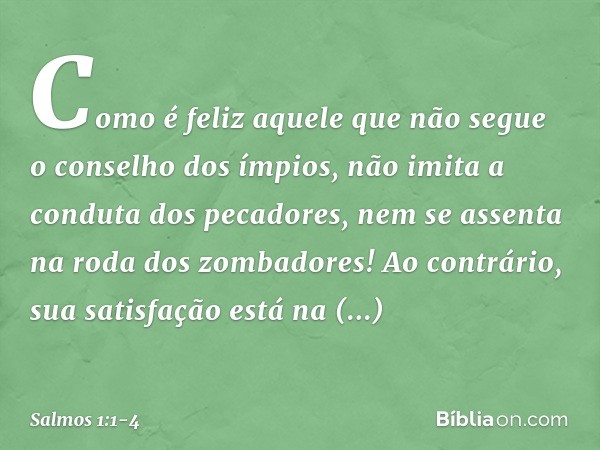 Como é feliz aquele
que não segue o conselho dos ímpios,
não imita a conduta dos pecadores,
nem se assenta na roda dos zombadores! Ao contrário, sua satisfação