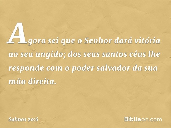 Agora sei que o Senhor
dará vitória ao seu ungido;
dos seus santos céus lhe responde
com o poder salvador da sua mão direita. -- Salmo 20:6