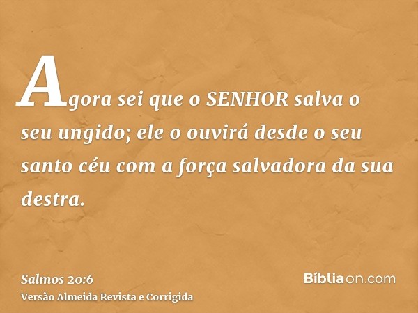 Agora sei que o SENHOR salva o seu ungido; ele o ouvirá desde o seu santo céu com a força salvadora da sua destra.