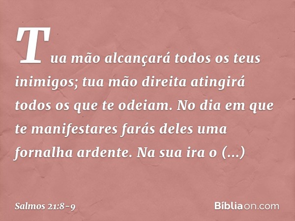 Tua mão alcançará todos os teus inimigos;
tua mão direita atingirá todos os que te odeiam. No dia em que te manifestares
farás deles uma fornalha ardente.
Na su