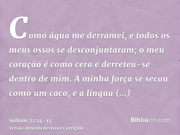 Como água me derramei, e todos os meus ossos se desconjuntaram; o meu coração é como cera e derreteu-se dentro de mim.A minha força se secou como um caco, e a l