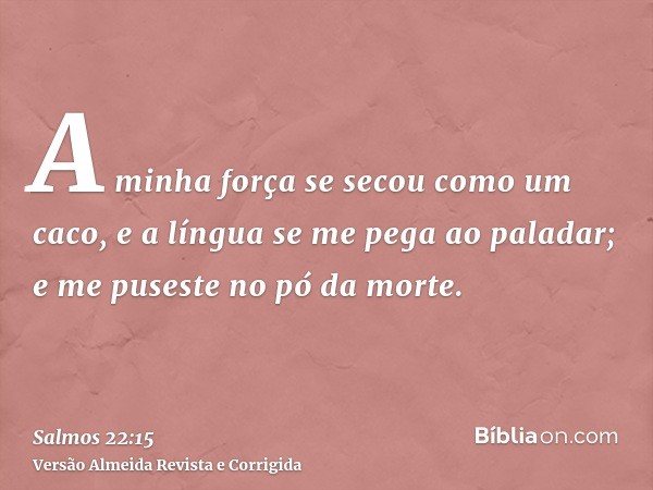 A minha força se secou como um caco, e a língua se me pega ao paladar; e me puseste no pó da morte.