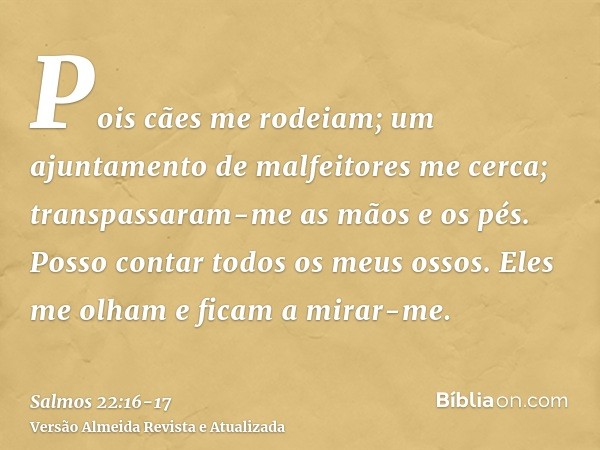 Pois cães me rodeiam; um ajuntamento de malfeitores me cerca; transpassaram-me as mãos e os pés.Posso contar todos os meus ossos. Eles me olham e ficam a mirar-