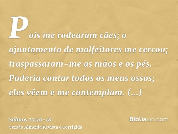 Pois me rodearam cães; o ajuntamento de malfeitores me cercou; traspassaram-me as mãos e os pés.Poderia contar todos os meus ossos; eles vêem e me contemplam.Re