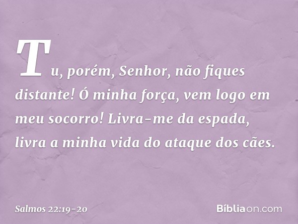 Tu, porém, Senhor, não fiques distante!
Ó minha força, vem logo em meu socorro! Livra-me da espada,
livra a minha vida do ataque dos cães. -- Salmo 22:19-20