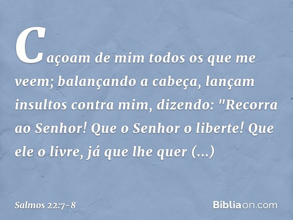 Caçoam de mim todos os que me veem;
balançando a cabeça,
lançam insultos contra mim, dizendo: "Recorra ao Senhor!
Que o Senhor o liberte!
Que ele o livre, já qu