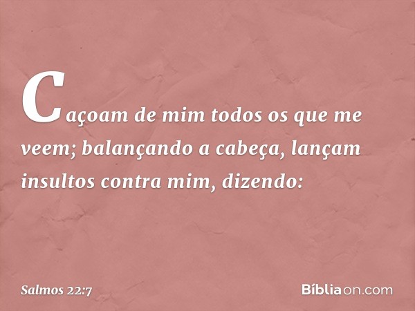 Caçoam de mim todos os que me veem;
balançando a cabeça,
lançam insultos contra mim, dizendo: -- Salmo 22:7