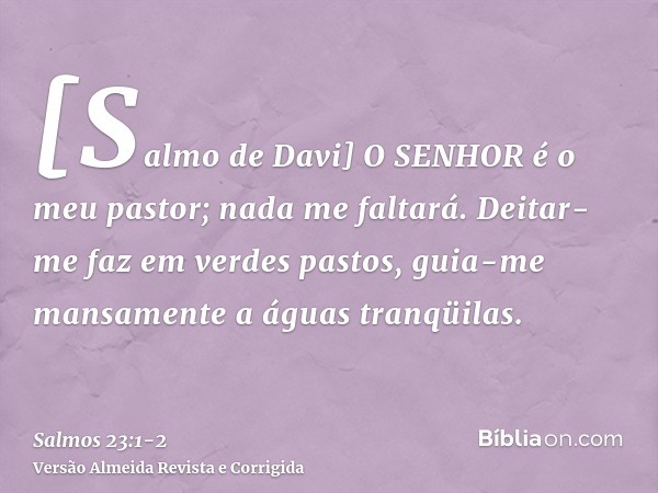 [Salmo de Davi] O SENHOR é o meu pastor; nada me faltará.Deitar-me faz em verdes pastos, guia-me mansamente a águas tranqüilas.