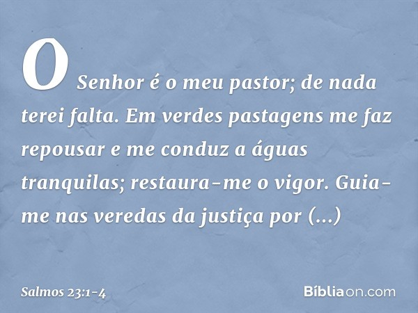 O Senhor é o meu pastor; de nada terei falta. Em verdes pastagens me faz repousar
e me conduz a águas tranquilas; restaura-me o vigor.
Guia-me nas veredas da ju