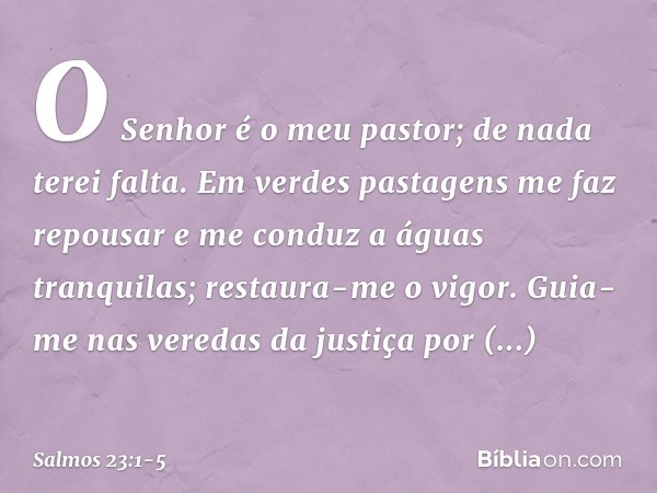 O Senhor é o meu pastor; de nada terei falta. Em verdes pastagens me faz repousar
e me conduz a águas tranquilas; restaura-me o vigor.
Guia-me nas veredas da ju