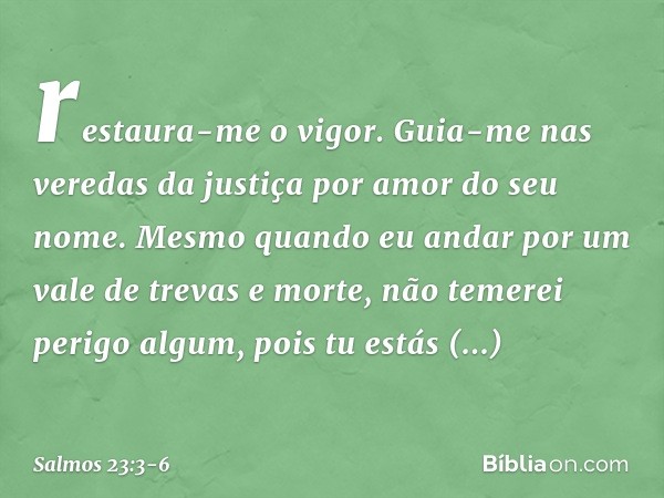 restaura-me o vigor.
Guia-me nas veredas da justiça
por amor do seu nome. Mesmo quando eu andar
por um vale de trevas e morte,
não temerei perigo algum, pois tu