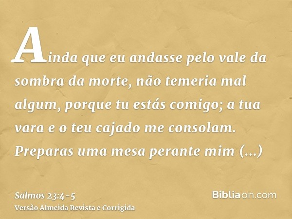 Ainda que eu andasse pelo vale da sombra da morte, não temeria mal algum, porque tu estás comigo; a tua vara e o teu cajado me consolam.Preparas uma mesa perant