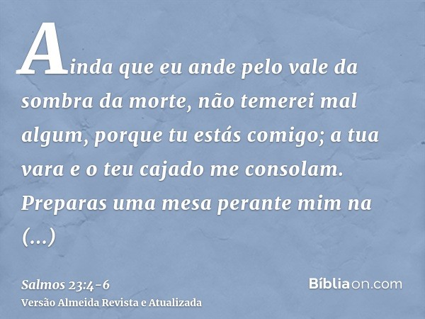 Ainda que eu ande pelo vale da sombra da morte, não temerei mal algum, porque tu estás comigo; a tua vara e o teu cajado me consolam.Preparas uma mesa perante m