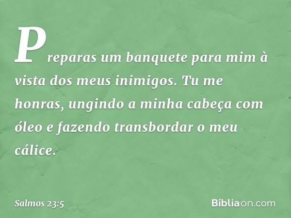 Preparas um banquete para mim
à vista dos meus inimigos.
Tu me honras,
ungindo a minha cabeça com óleo
e fazendo transbordar o meu cálice. -- Salmo 23:5