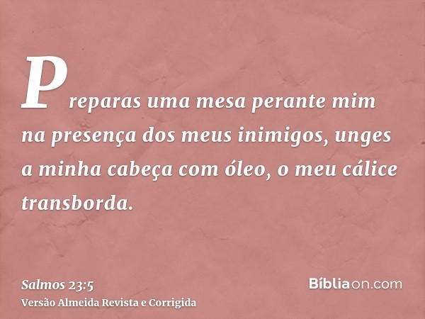 Preparas uma mesa perante mim na presença dos meus inimigos, unges a minha cabeça com óleo, o meu cálice transborda.
