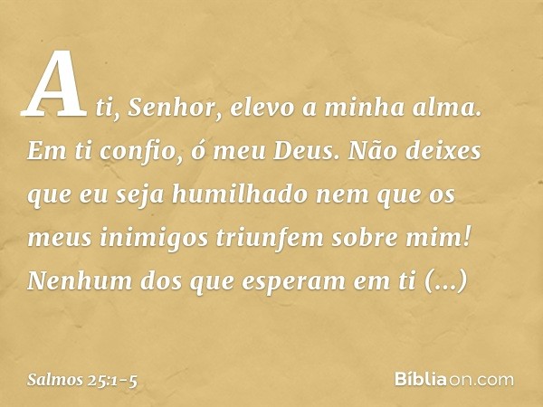 A ti, Senhor, elevo a minha alma. Em ti confio, ó meu Deus.
Não deixes que eu seja humilhado
nem que os meus inimigos triunfem sobre mim! Nenhum dos que esperam