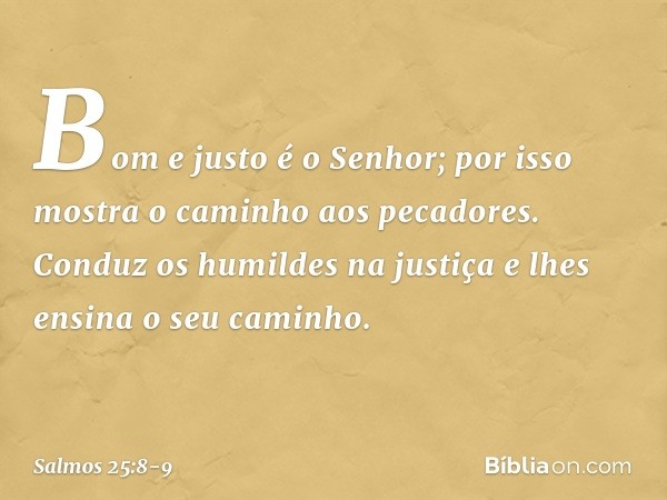 Bom e justo é o Senhor;
por isso mostra o caminho aos pecadores. Conduz os humildes na justiça
e lhes ensina o seu caminho. -- Salmo 25:8-9