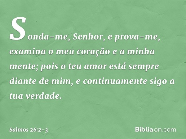 Sonda-me, Senhor, e prova-me,
examina o meu coração e a minha mente; pois o teu amor está sempre diante de mim,
e continuamente sigo a tua verdade. -- Salmo 26: