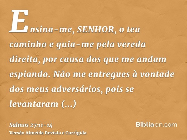 Ensina-me, SENHOR, o teu caminho e guia-me pela vereda direita, por causa dos que me andam espiando.Não me entregues à vontade dos meus adversários, pois se lev