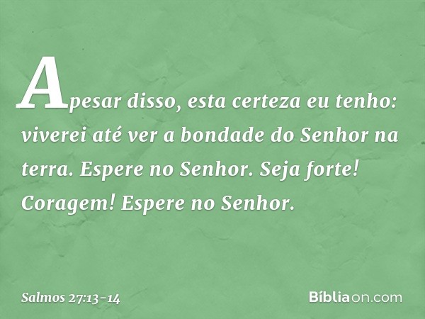 Apesar disso, esta certeza eu tenho:
viverei até ver a bondade do Senhor na terra. Espere no Senhor.
Seja forte! Coragem!
Espere no Senhor. -- Salmo 27:13-14