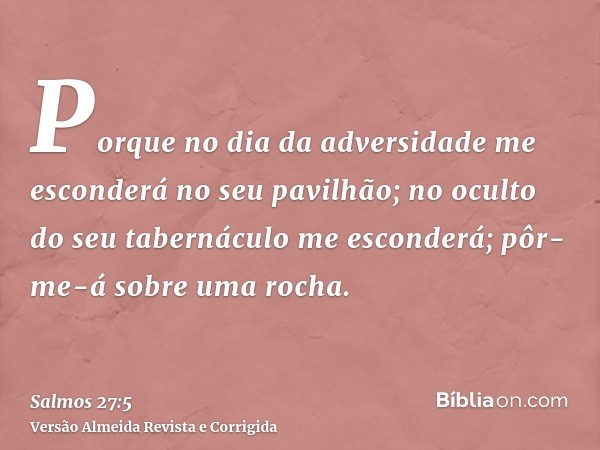 Porque no dia da adversidade me esconderá no seu pavilhão; no oculto do seu tabernáculo me esconderá; pôr-me-á sobre uma rocha.