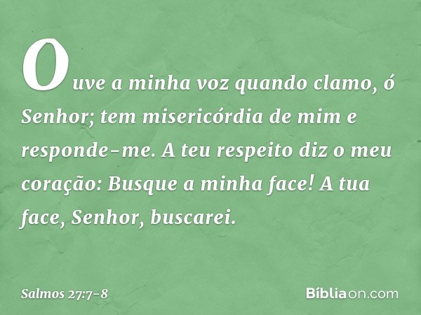 Ouve a minha voz quando clamo, ó Senhor;
tem misericórdia de mim e responde-me. A teu respeito diz o meu coração:
Busque a minha face!
A tua face, Senhor, busca