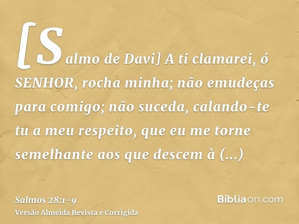 [Salmo de Davi] A ti clamarei, ó SENHOR, rocha minha; não emudeças para comigo; não suceda, calando-te tu a meu respeito, que eu me torne semelhante aos que des