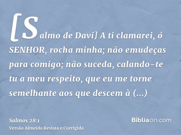 [Salmo de Davi] A ti clamarei, ó SENHOR, rocha minha; não emudeças para comigo; não suceda, calando-te tu a meu respeito, que eu me torne semelhante aos que des