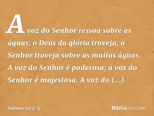 A voz do Senhor ressoa sobre as águas;
o Deus da glória troveja,
o Senhor troveja sobre as muitas águas. A voz do Senhor é poderosa;
a voz do Senhor é majestosa