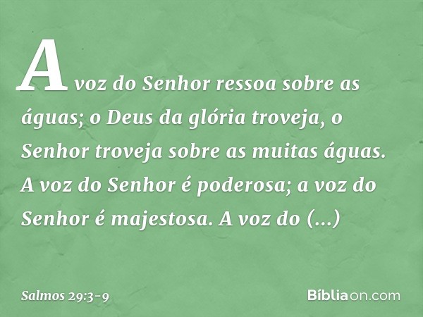 A voz do Senhor ressoa sobre as águas;
o Deus da glória troveja,
o Senhor troveja sobre as muitas águas. A voz do Senhor é poderosa;
a voz do Senhor é majestosa