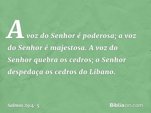 A voz do Senhor é poderosa;
a voz do Senhor é majestosa. A voz do Senhor quebra os cedros;
o Senhor despedaça os cedros do Líbano. -- Salmo 29:4-5