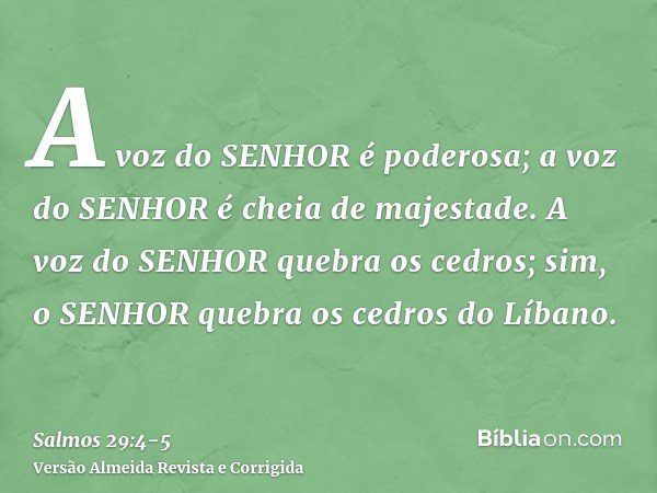 A voz do SENHOR é poderosa; a voz do SENHOR é cheia de majestade.A voz do SENHOR quebra os cedros; sim, o SENHOR quebra os cedros do Líbano.