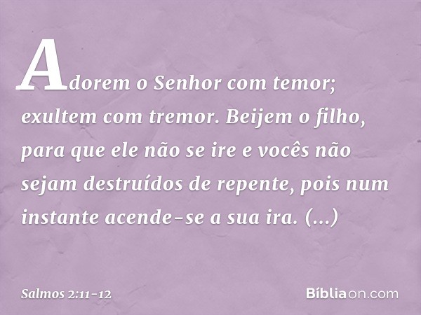 Adorem o Senhor com temor;
exultem com tremor. Beijem o filho, para que ele não se ire
e vocês não sejam destruídos de repente,
pois num instante acende-se a su