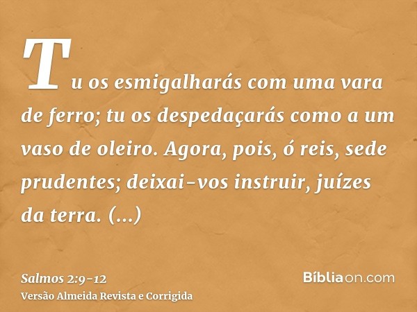 Tu os esmigalharás com uma vara de ferro; tu os despedaçarás como a um vaso de oleiro.Agora, pois, ó reis, sede prudentes; deixai-vos instruir, juízes da terra.