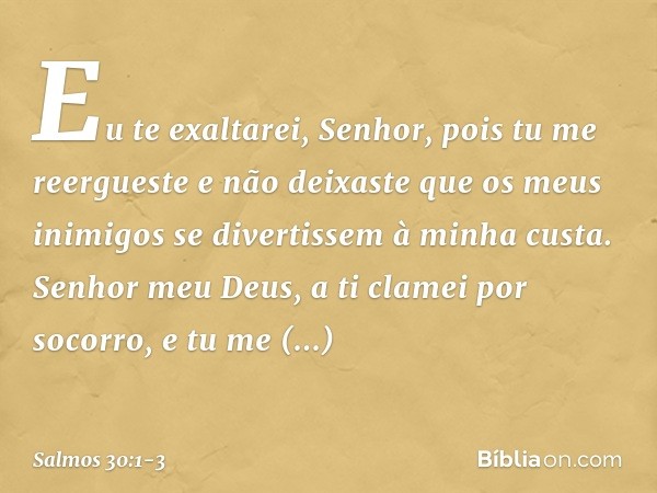 Eu te exaltarei, Senhor,
pois tu me reergueste
e não deixaste que os meus inimigos
se divertissem à minha custa. Senhor meu Deus, a ti clamei por socorro,
e tu 