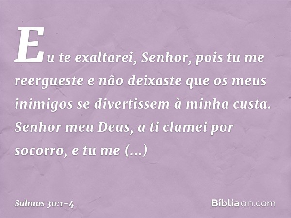 Eu te exaltarei, Senhor,
pois tu me reergueste
e não deixaste que os meus inimigos
se divertissem à minha custa. Senhor meu Deus, a ti clamei por socorro,
e tu 