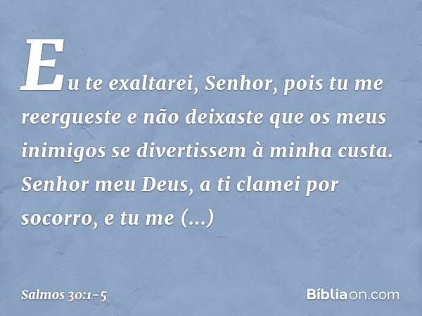 Eu te exaltarei, Senhor,
pois tu me reergueste
e não deixaste que os meus inimigos
se divertissem à minha custa. Senhor meu Deus, a ti clamei por socorro,
e tu