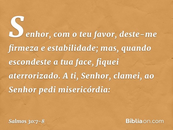 Senhor, com o teu favor,
deste-me firmeza e estabilidade;
mas, quando escondeste a tua face,
fiquei aterrorizado. A ti, Senhor, clamei,
ao Senhor pedi misericór