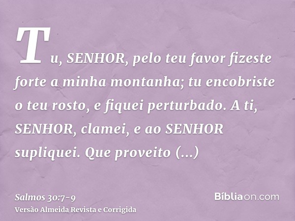 Tu, SENHOR, pelo teu favor fizeste forte a minha montanha; tu encobriste o teu rosto, e fiquei perturbado.A ti, SENHOR, clamei, e ao SENHOR supliquei.Que provei