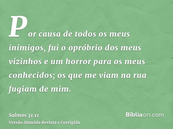 Por causa de todos os meus inimigos, fui o opróbrio dos meus vizinhos e um horror para os meus conhecidos; os que me viam na rua fugiam de mim.