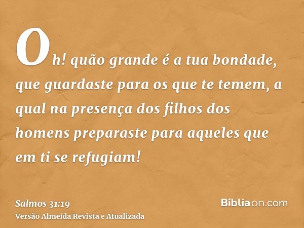 Oh! quão grande é a tua bondade, que guardaste para os que te temem, a qual na presença dos filhos dos homens preparaste para aqueles que em ti se refugiam!