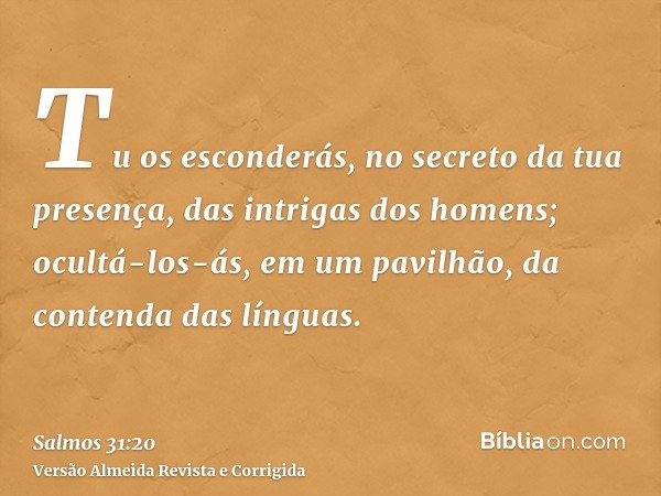 Tu os esconderás, no secreto da tua presença, das intrigas dos homens; ocultá-los-ás, em um pavilhão, da contenda das línguas.